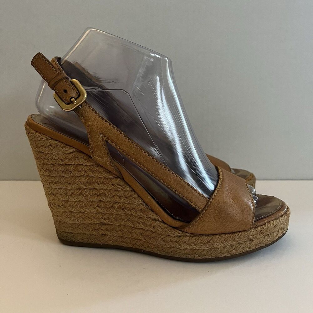Prada Sandals Tan Leather Wedge Espadrille Shoes Women 38.5 US 8 Casual Designer